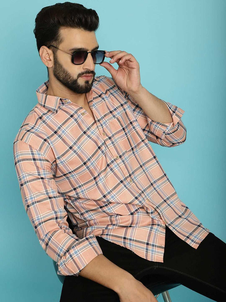 Men's Embrace Style with Our Peach Colour Check Shirt