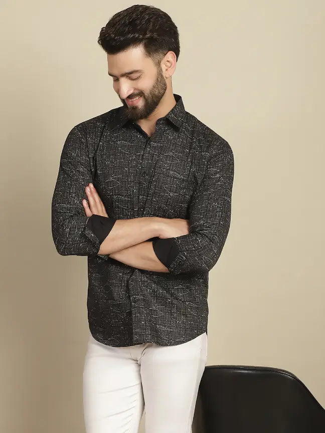 Black Pure Cotton Printed Partywear Shirt for Men