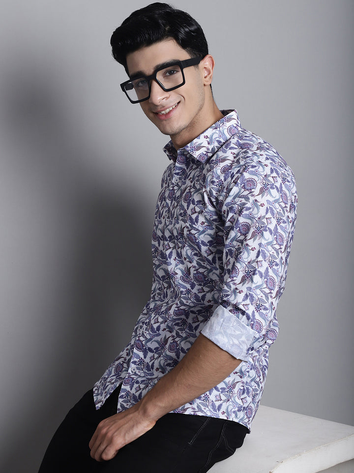 White and Blue Printed Cotton Men's Shirts for Effortless Style