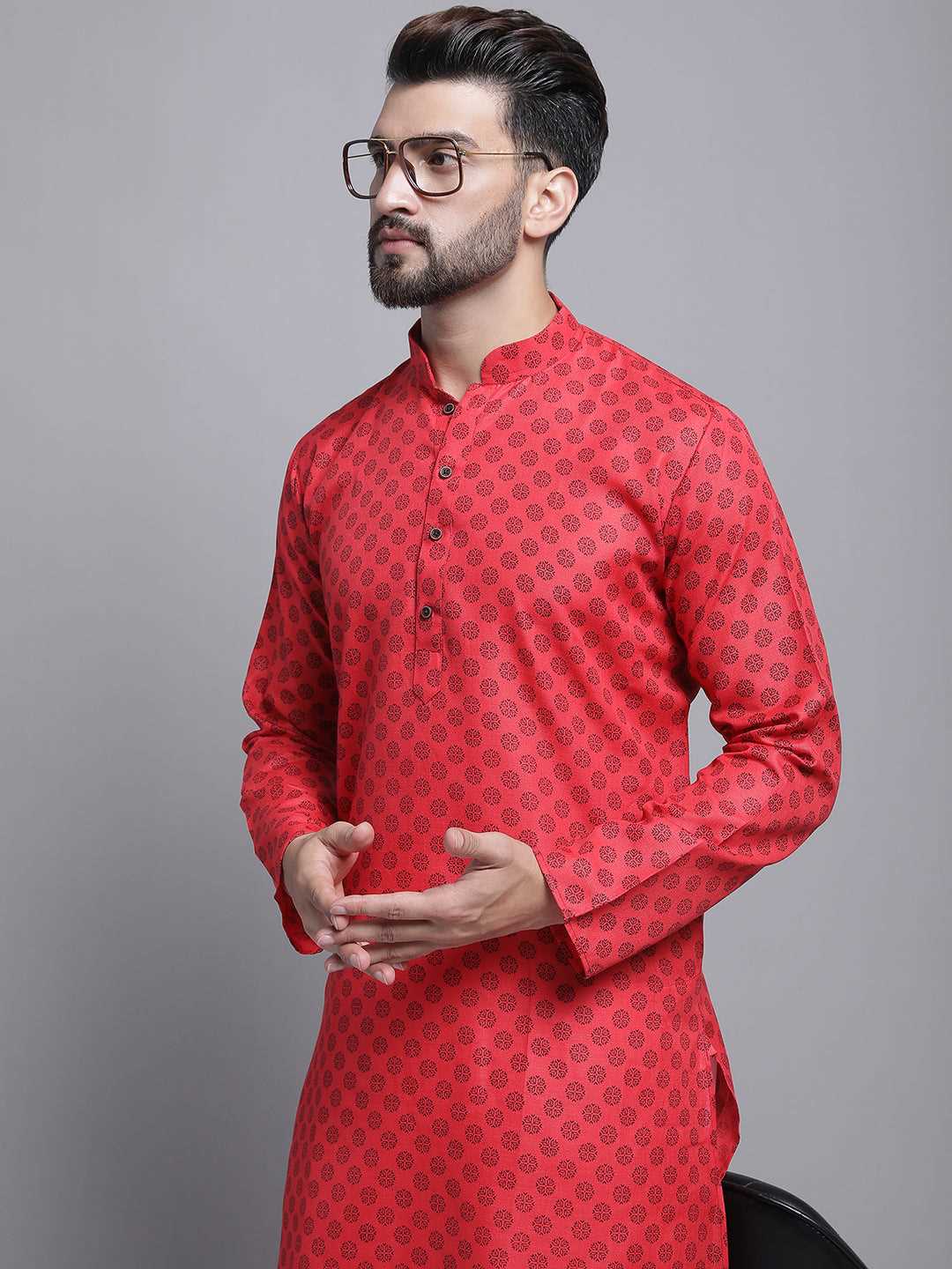 Men's Blend Cotton Printed Regular Red Kurta With Pajamas.