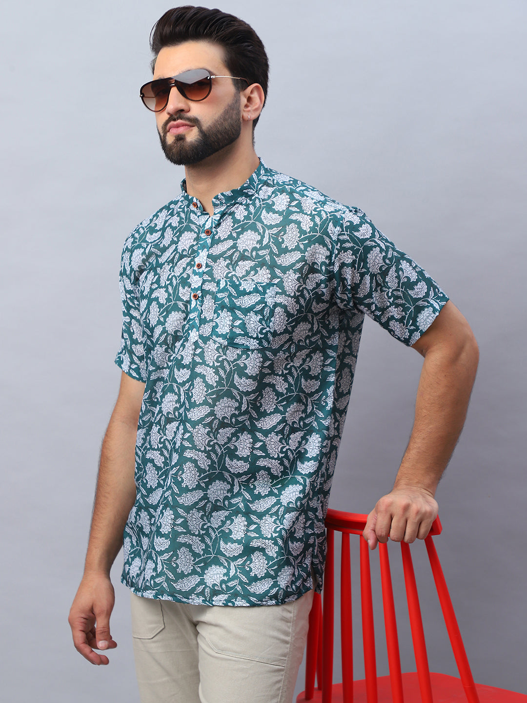 Green & White Floral Printed Cotton Half Sleeves Kurta for Men