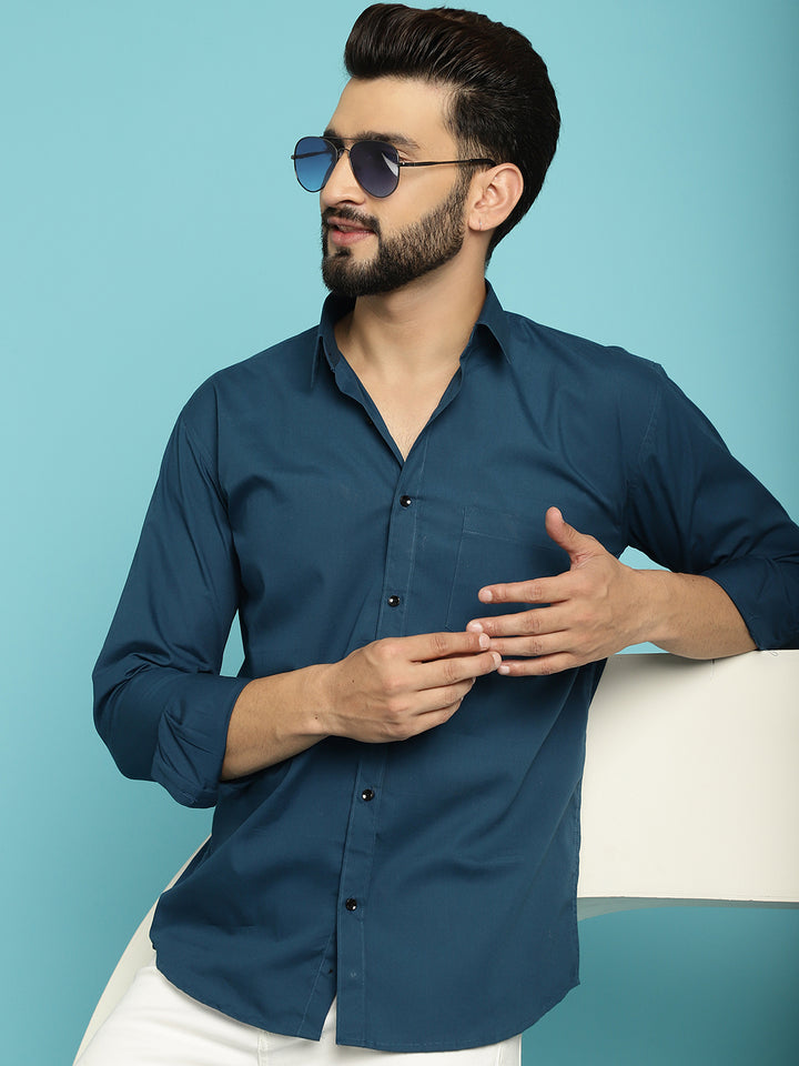 Men's Discover Effortless Elegance with Our Peacock Blue Casual Shirt