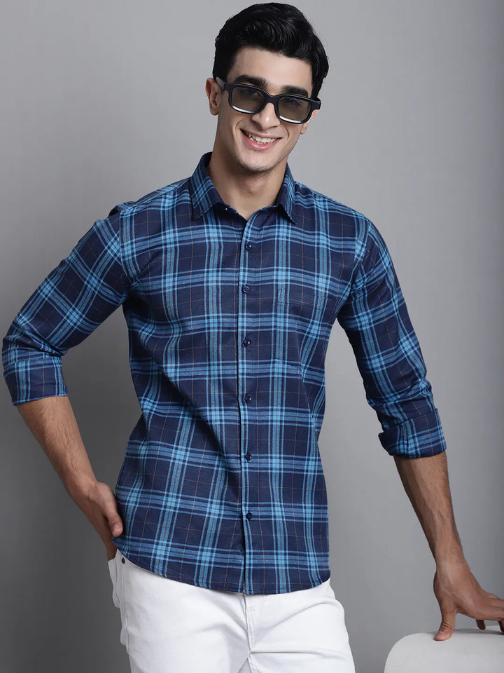 Nautical Chic Men's Navy Blue Check Casual Cotton Shirt – Timeless Checks, Contemporary Comfort