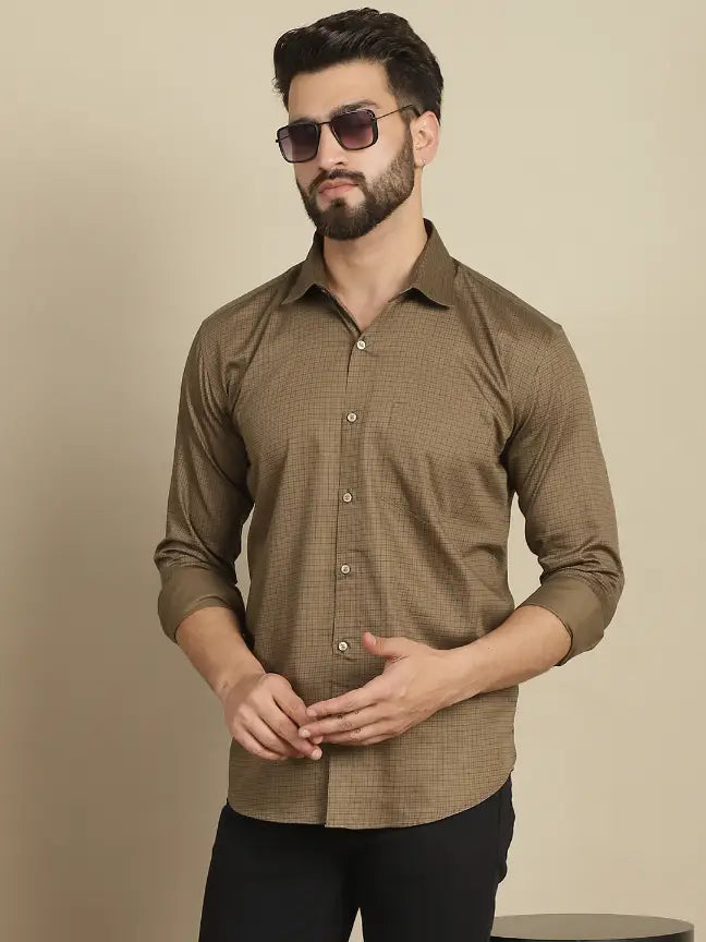 Brown Pure Cotton Checked Casual Shirt for Men