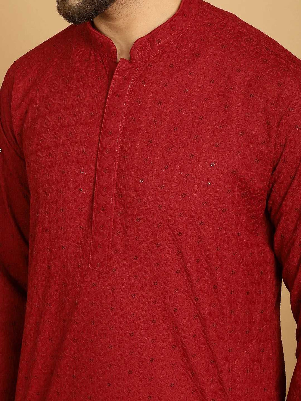 Men's Crimson Charm Red Rayon Sequence Kurta for Timeless Elegance