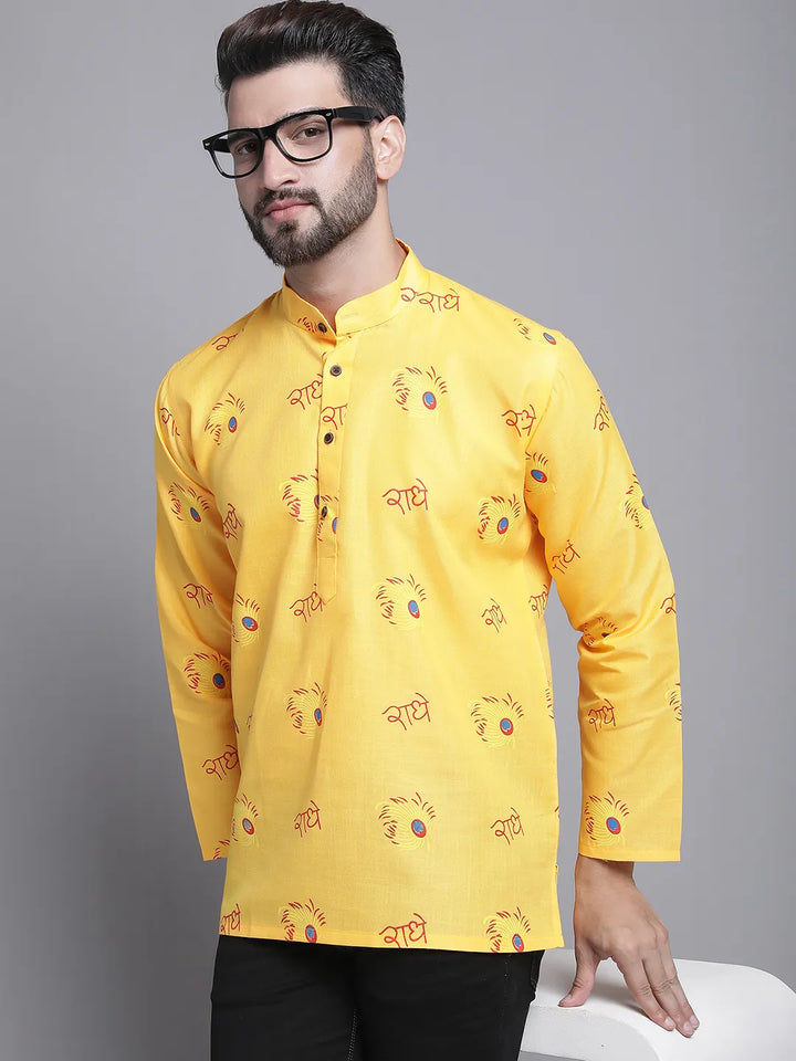 Yellow Radhe Radhe Design Short Kurta for Men