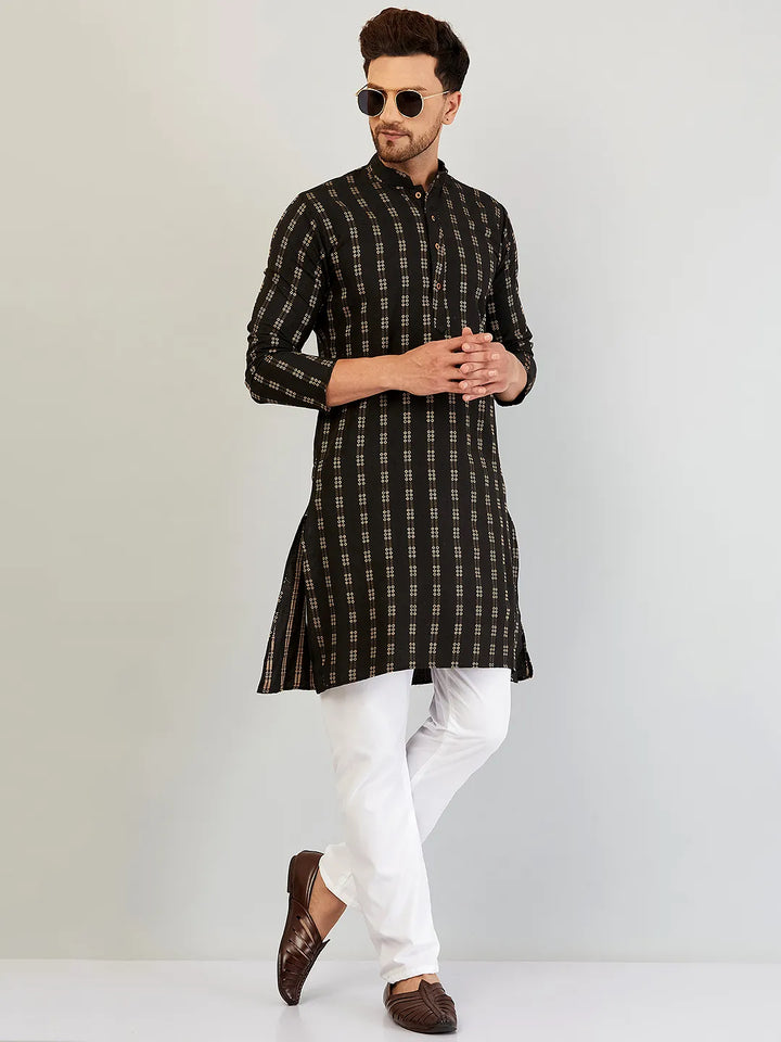 Timeless Appeal Black Self Design Cotton Kurta Pajama Set for Men – Classic Elegance in Every Thread