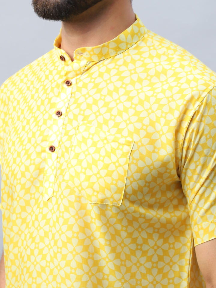 Yellow Floral Print Short Kurta for Men