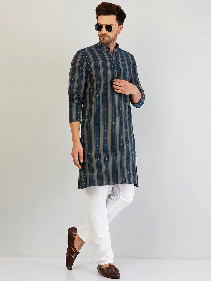 Serenade in Blue Self-Design Cotton Kurta Pyjama Set for Men – Timeless Elegance in Every Thread