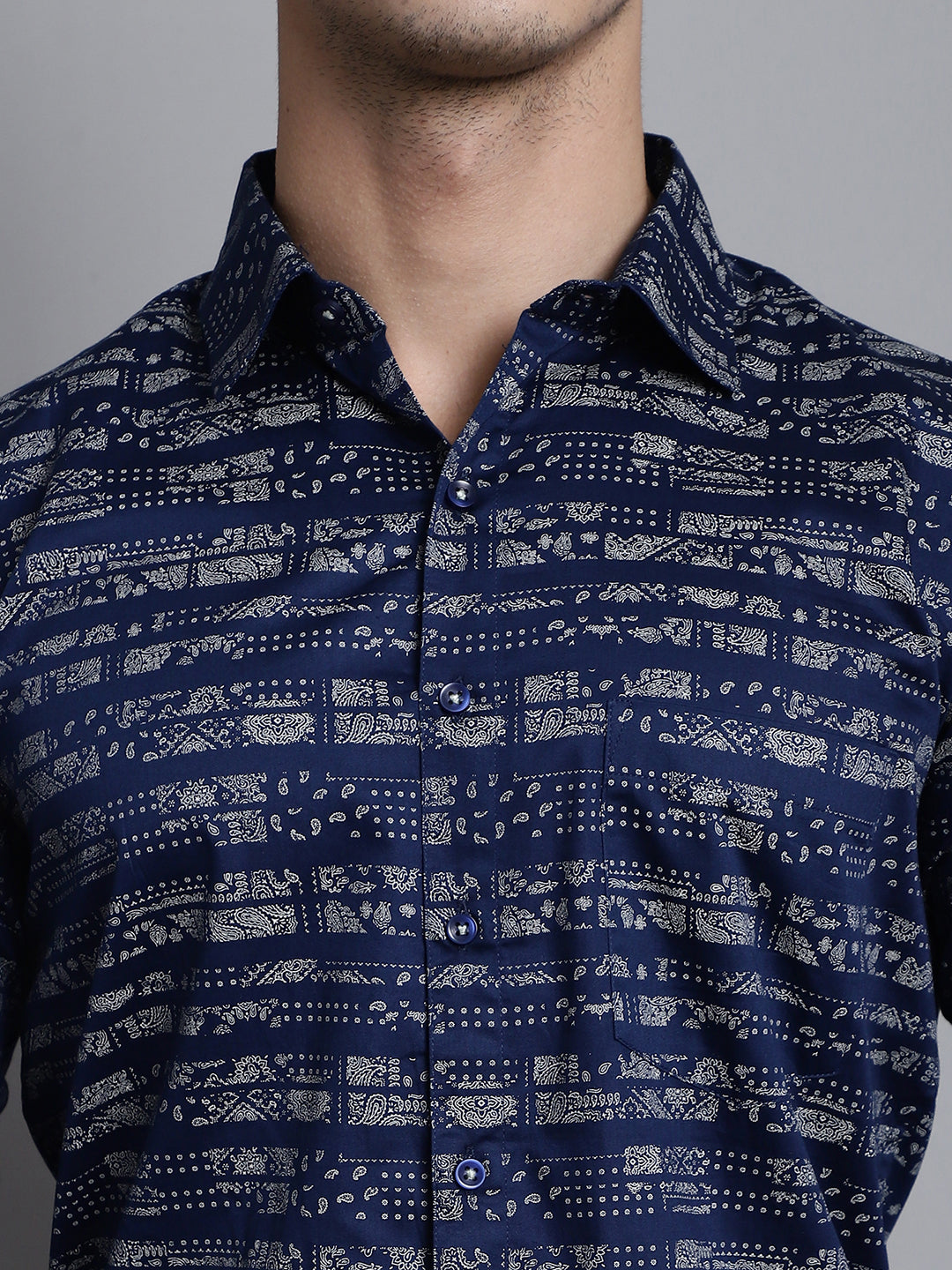 Understated Luxury Dive into Style with Our Dark Blue Printed Shirts for Men