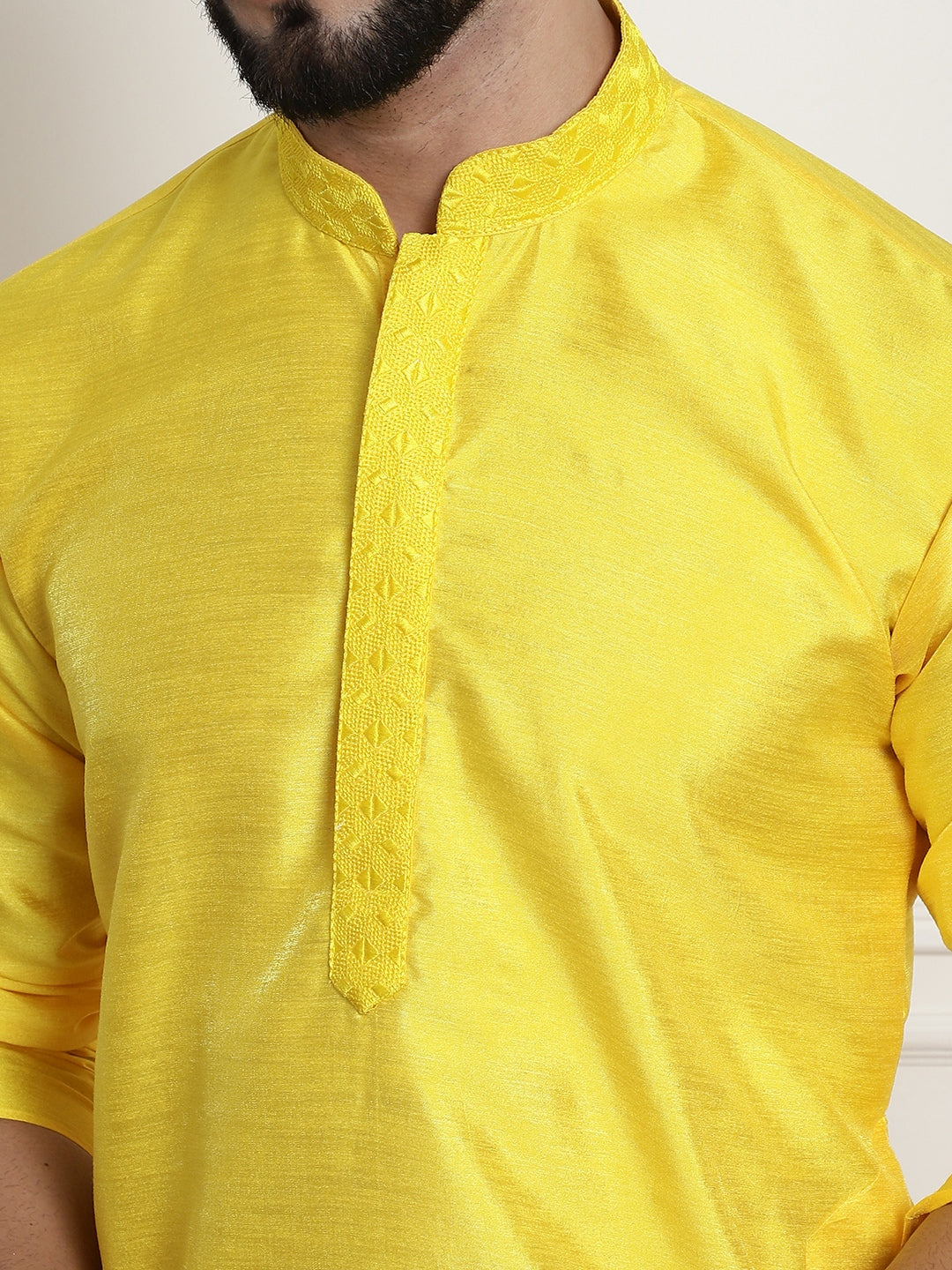 Yellow Solid Embroidered Kurta Churidar Pyjama Set for Men