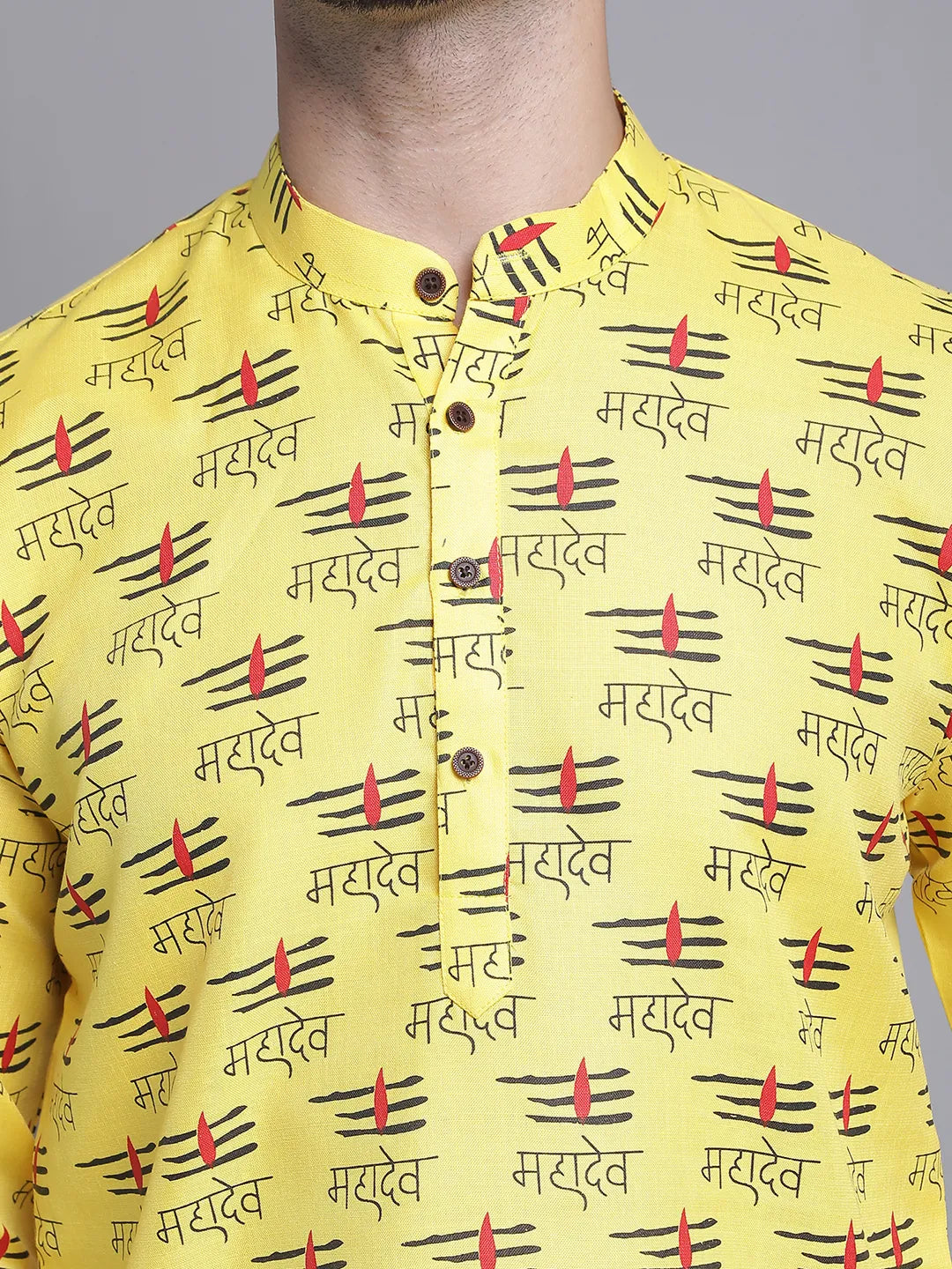 Yellow Mahadev Design Short Kurta for Men