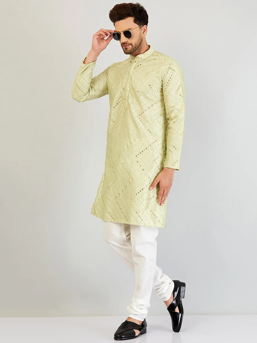 Pista Green Elegance Mirror Work Kurta for Men - Reflecting Style with Traditional Flair