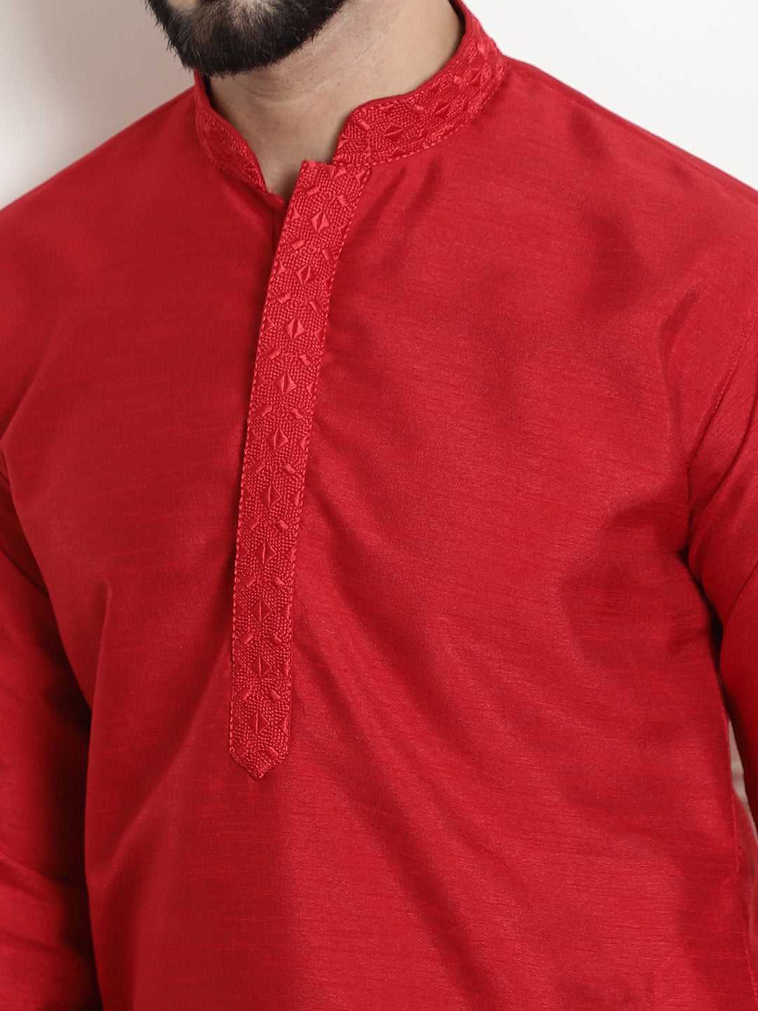 Crimson Classic Solid Plain Embroidered Kurta Pyjama Set for Men