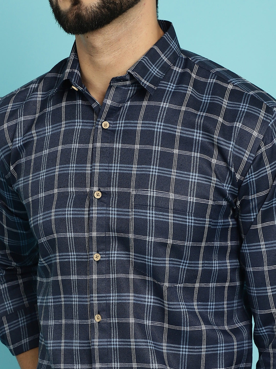 Nautical Elegance Men's Check Navy Blue Cotton Shirts for Stylish Sophistication