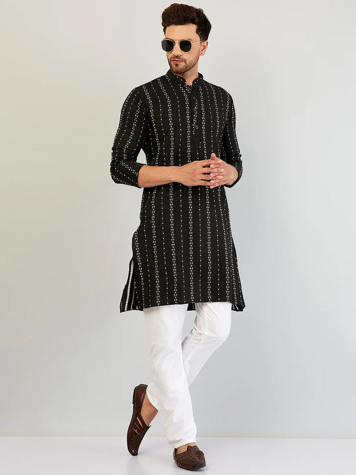 Men's Black Self Design Cotton Kurta Pajama Set