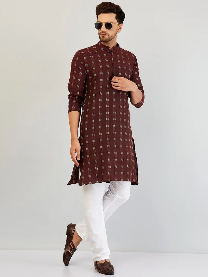 Wine Symphony Self-Design Cotton Kurta Pyjama Set for Men – Timeless Elegance in Rich Burgundy Hues