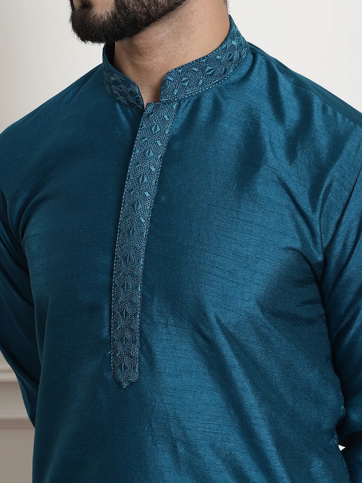 Peacock Splendor Solid Plain Embroidered Kurta Pyjama Set for Men in Stunning Peacock Blue – Timeless Elegance and Modern Sophistication