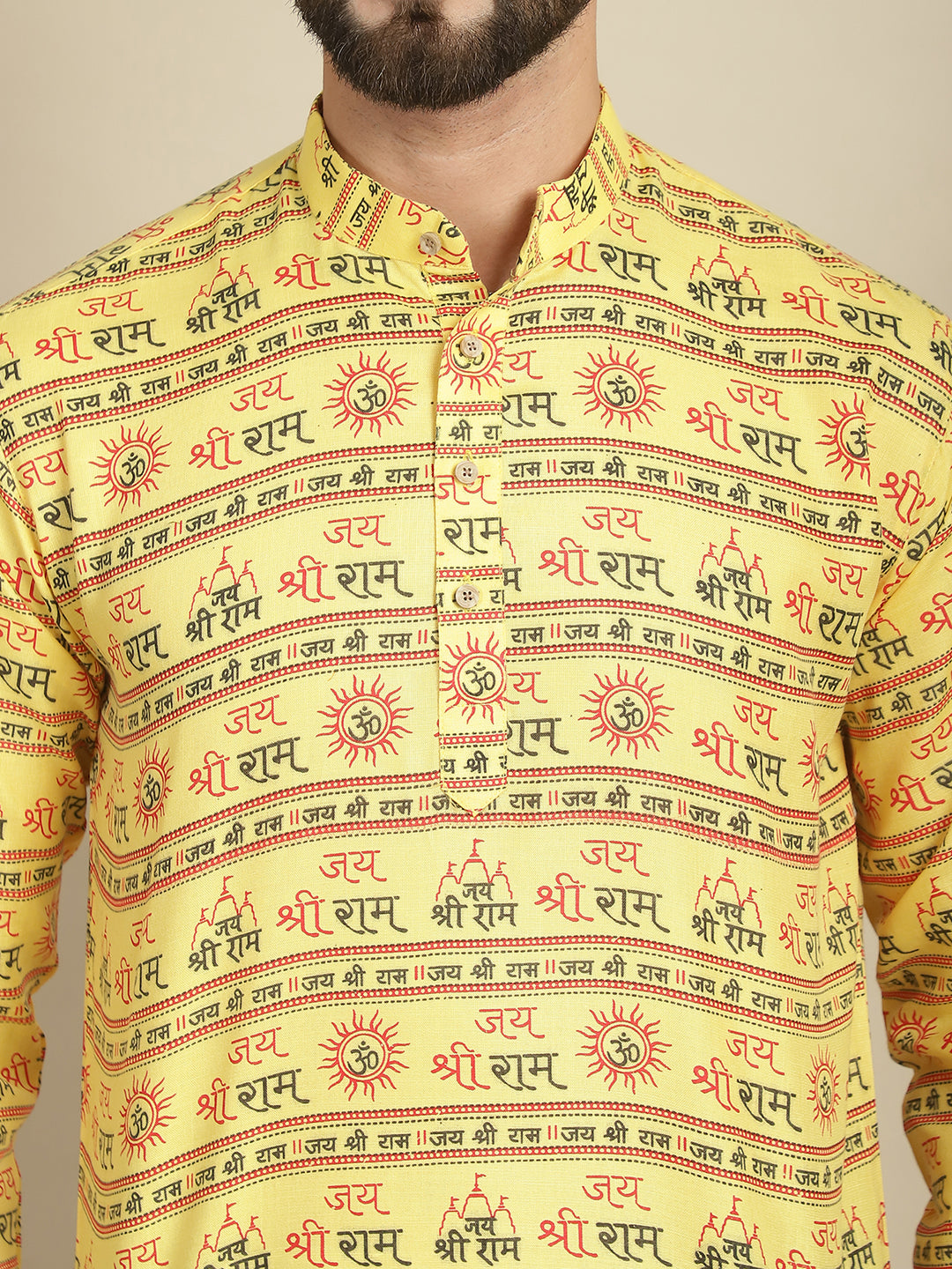 Yellow Jai Shree Ram Short Kurta for Men