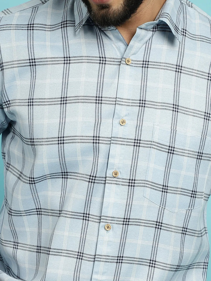 Sky Blue Sophistication Check Cotton Shirt for Men – Elevate Your Style with Timeless Charm