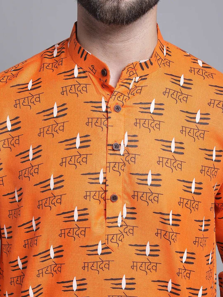 Divine Radiance Orange Mahadev Design Short Kurta for Men