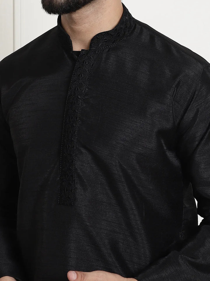 Timeless Chic Black Solid Plain Embroidered Kurta Pyjama Set for Men – Effortless Elegance in Classic Black