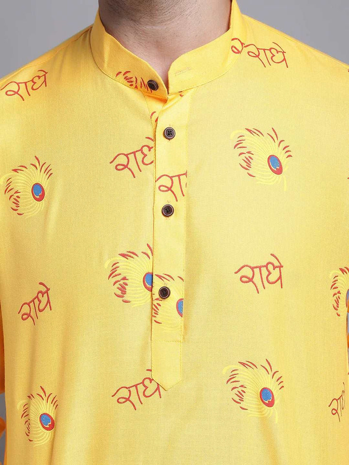 Divine Radiance Yellow Radhe Radhe Design Short Kurta for Men