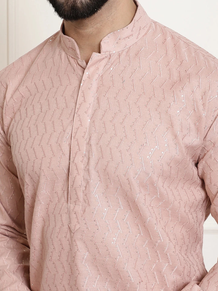 Peach Cotton Chikankari Sequence Kurta with White Pajama Set for Men