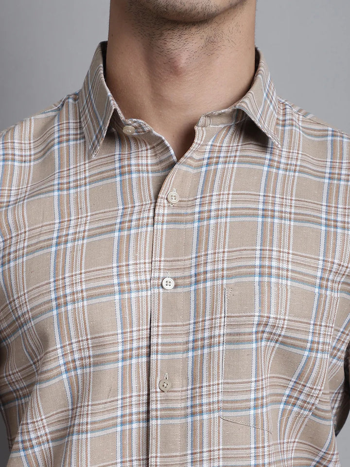 Understated Elegance Men's Beige Check Cotton Shirt – A Blend of Classic Style and Comfort