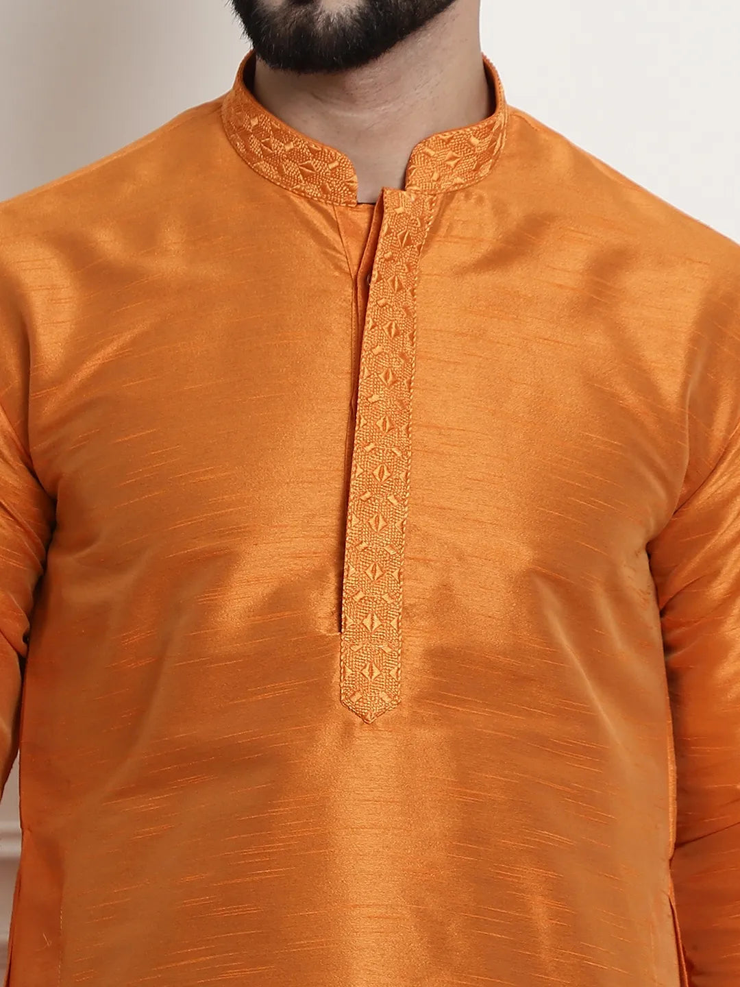 Tangerine Elegance Solid Plain Embroidered Kurta Pyjama Set for Men – Radiate Style in Captivating Orange Hues