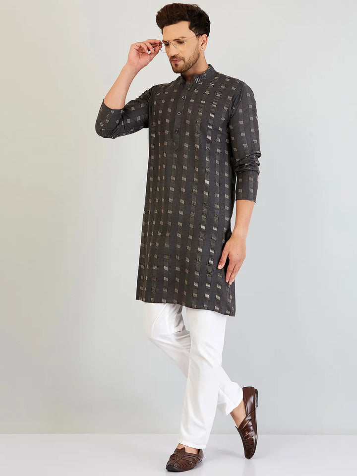 Timeless Grey Elegance Self-Design Cotton Kurta Pyjama Set for Men – Classic Sophistication in Every Thread