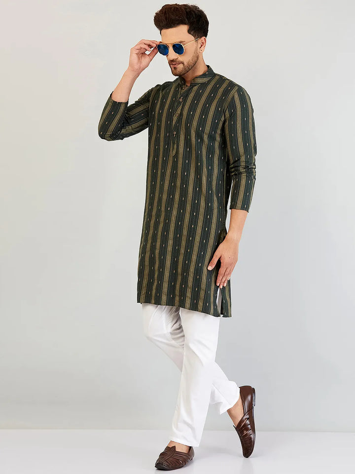 Emerald Elegance Self-Design Cotton Kurta Pyjama Set for Men