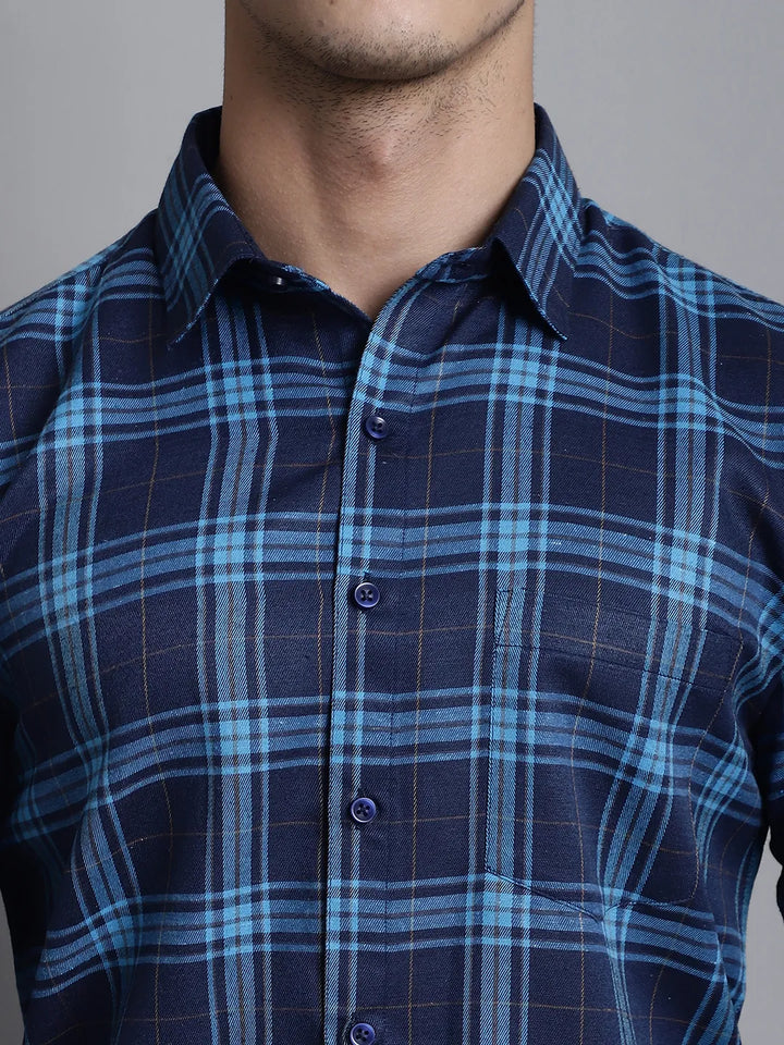 Nautical Chic Men's Navy Blue Check Casual Cotton Shirt – Timeless Checks, Contemporary Comfort