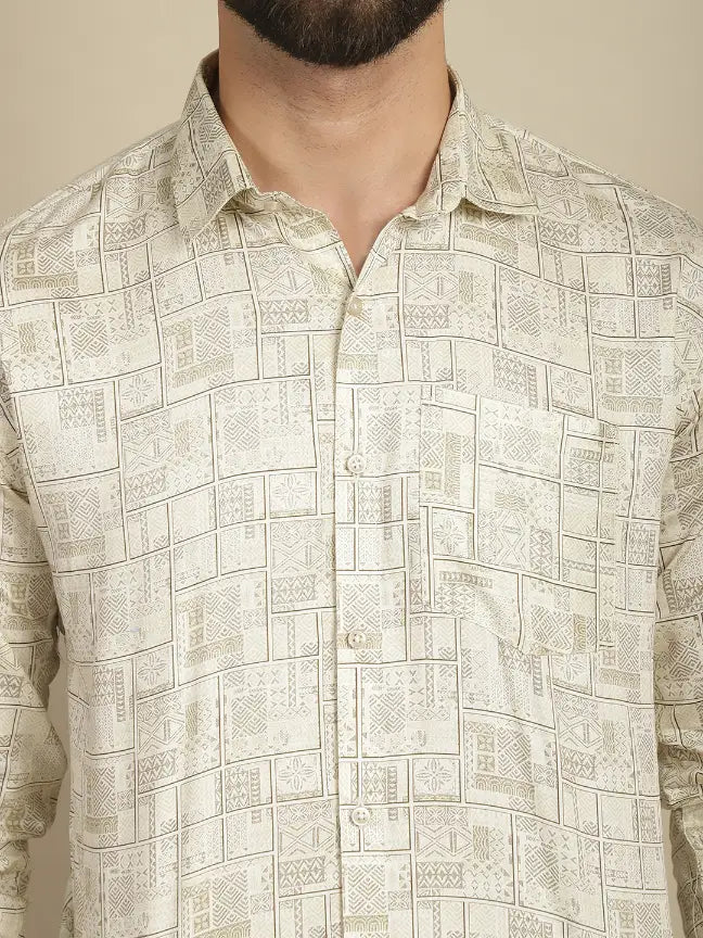 Satin Beige Pure Cotton Abstract Printed Casual Shirt for Men