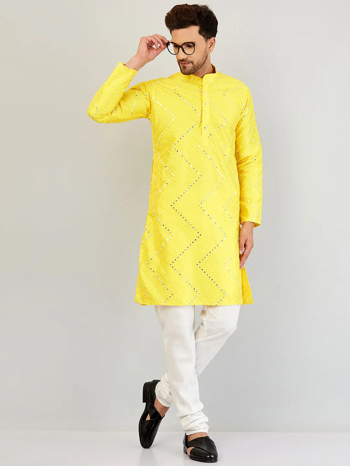 Sunny Radiance Yellow Mirror Work Kurta and Churidar Set for Men - Illuminate Every Occasion with Style