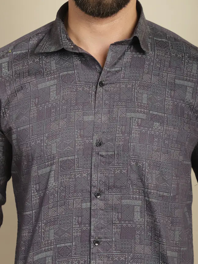 Grey Pure Cotton Printed Partywear Shirt for Men