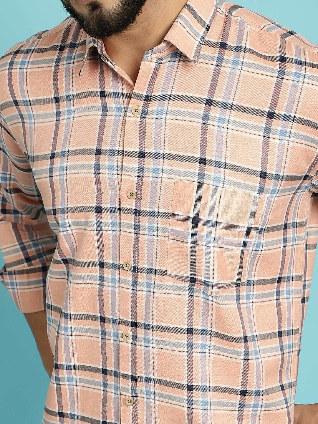 Men's Embrace Style with Our Peach Colour Check Shirt