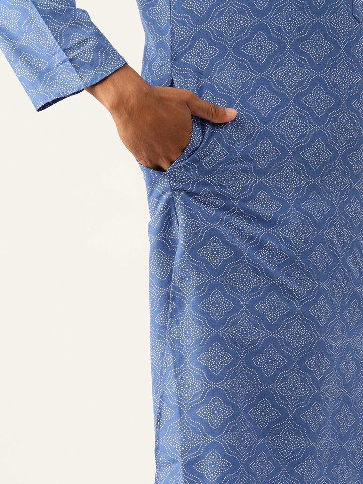 Mandarin Collar Ethnic Printed Cotton Royal Blue Regular Kurta