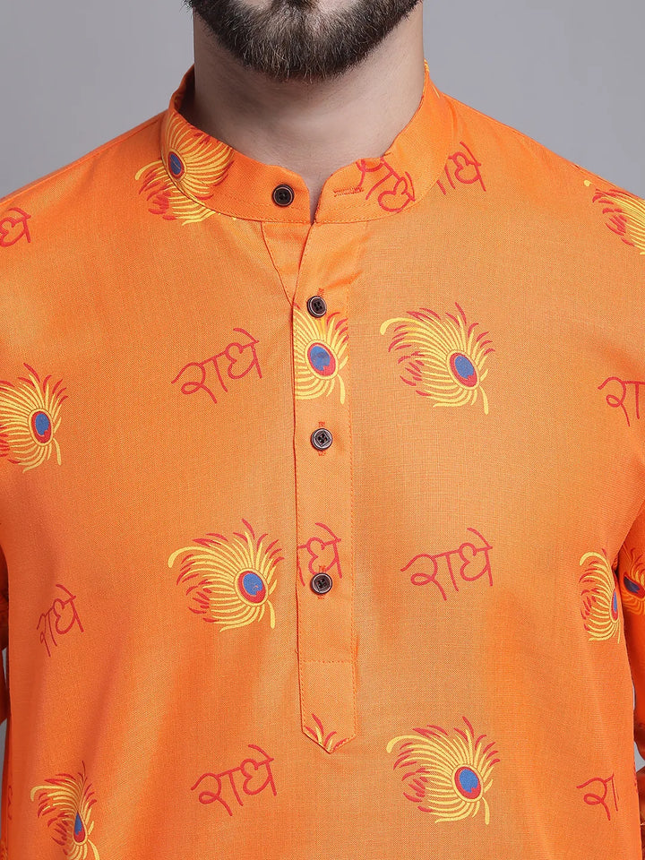 Orange Radhe Radhe Design Short Kurta for Men