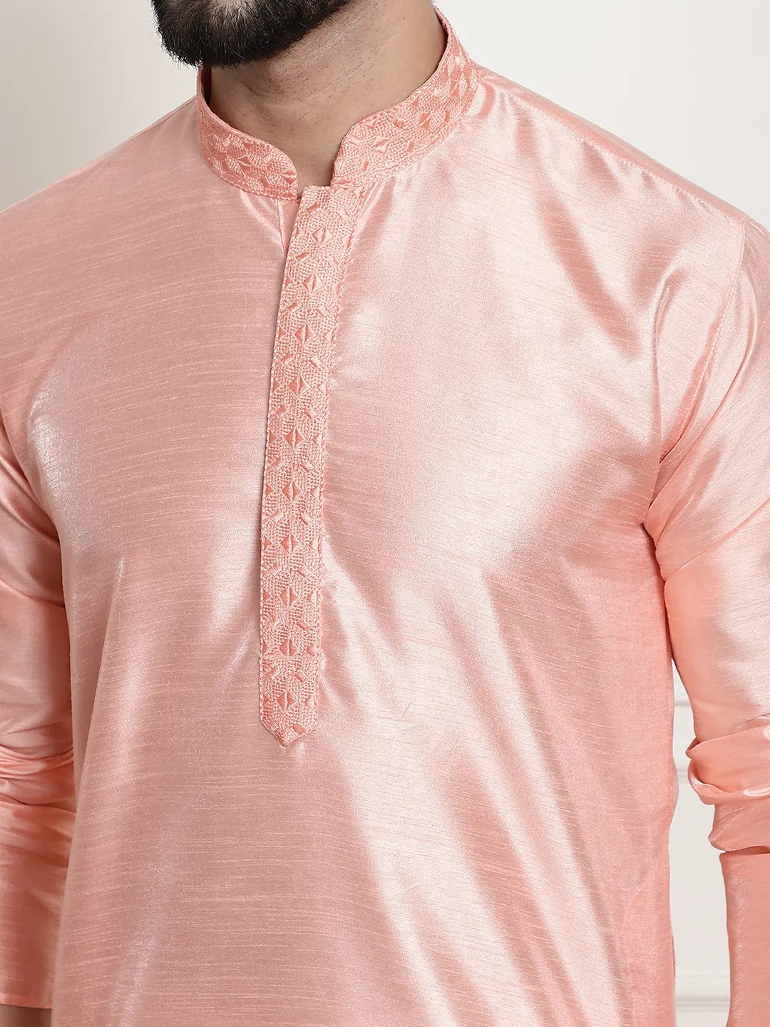 Peach Perfection Solid Plain Embroidered Kurta Pajama Set for Men – Effortless Elegance for Every Occasion