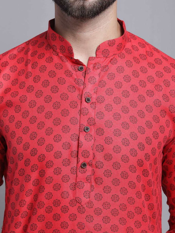 Men's Blend Cotton Printed Regular Red Kurta With Pajamas.