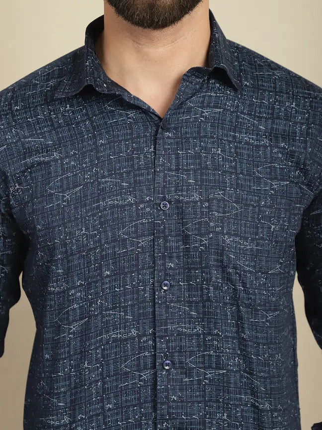 Blue Pure Cotton Printed Partywear Shirt for Men