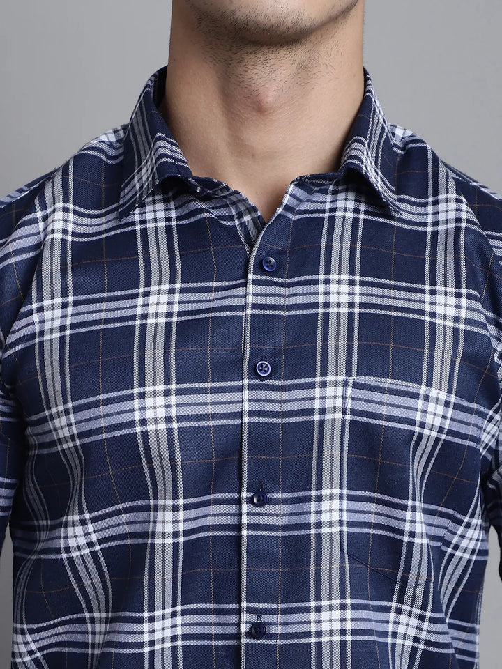 Men's Dark Blue Check Casual Cotton Shirt