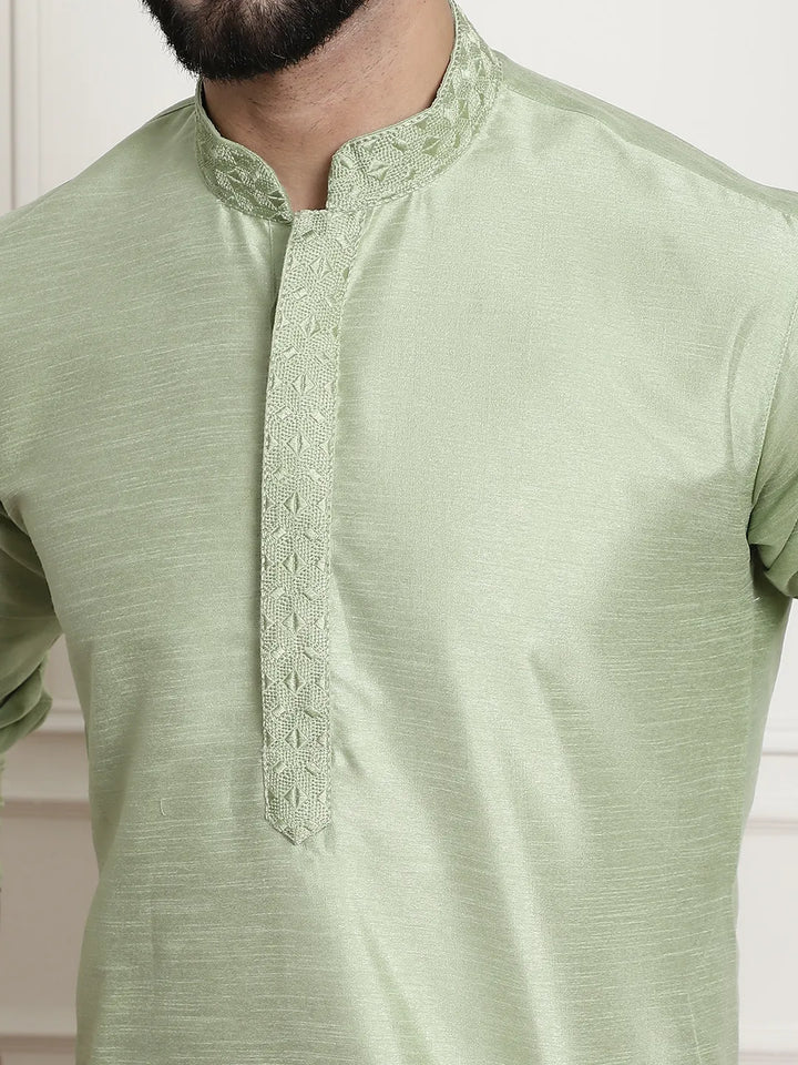 Solid Plain Embroidered Kurta Pyjama Set for Men – A Sartorial Symphony in Sublime Green