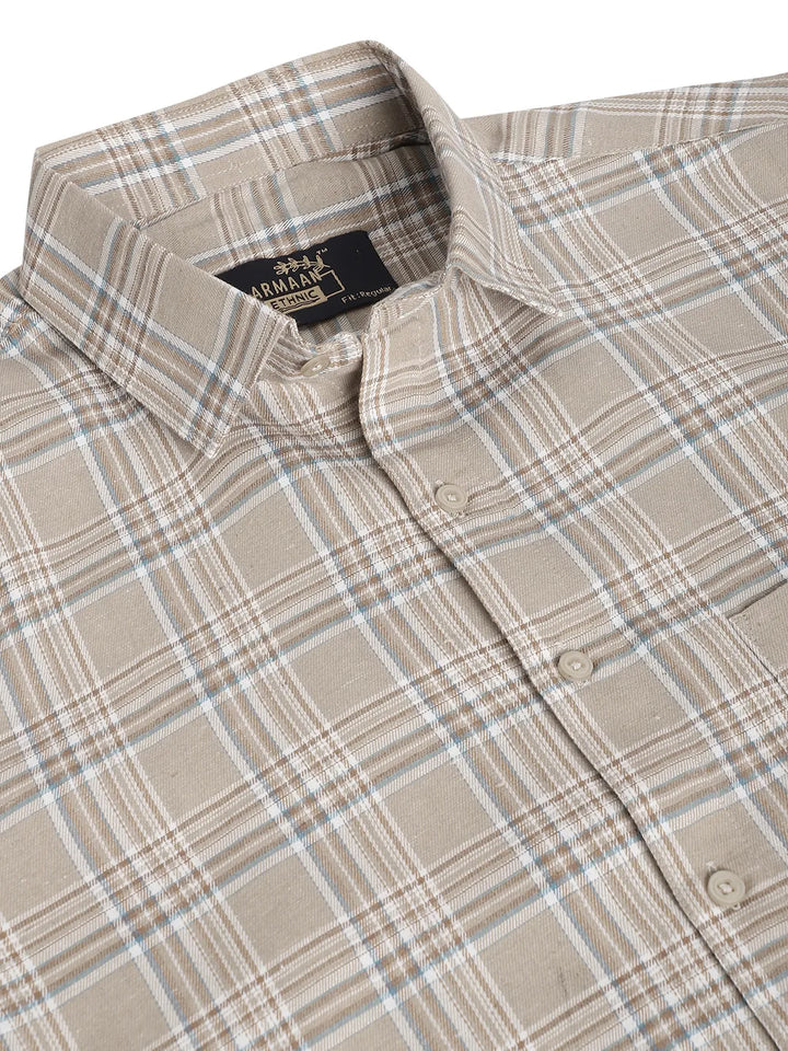 Understated Elegance Men's Beige Check Cotton Shirt – A Blend of Classic Style and Comfort