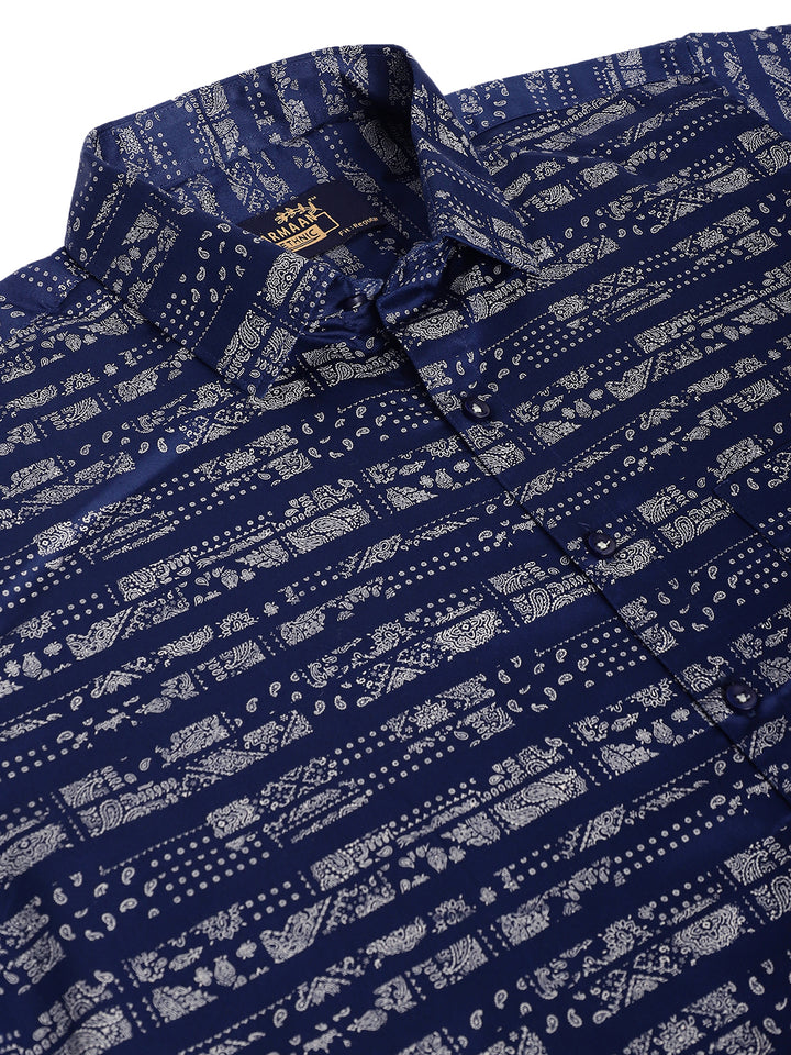 Understated Luxury Dive into Style with Our Dark Blue Printed Shirts for Men