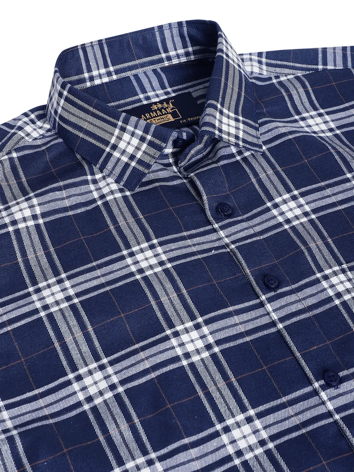 Men's Dark Blue Check Casual Cotton Shirt