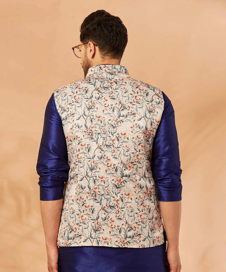 Blooms of Elegance Cream Flower Print Nehru Jacket for Men