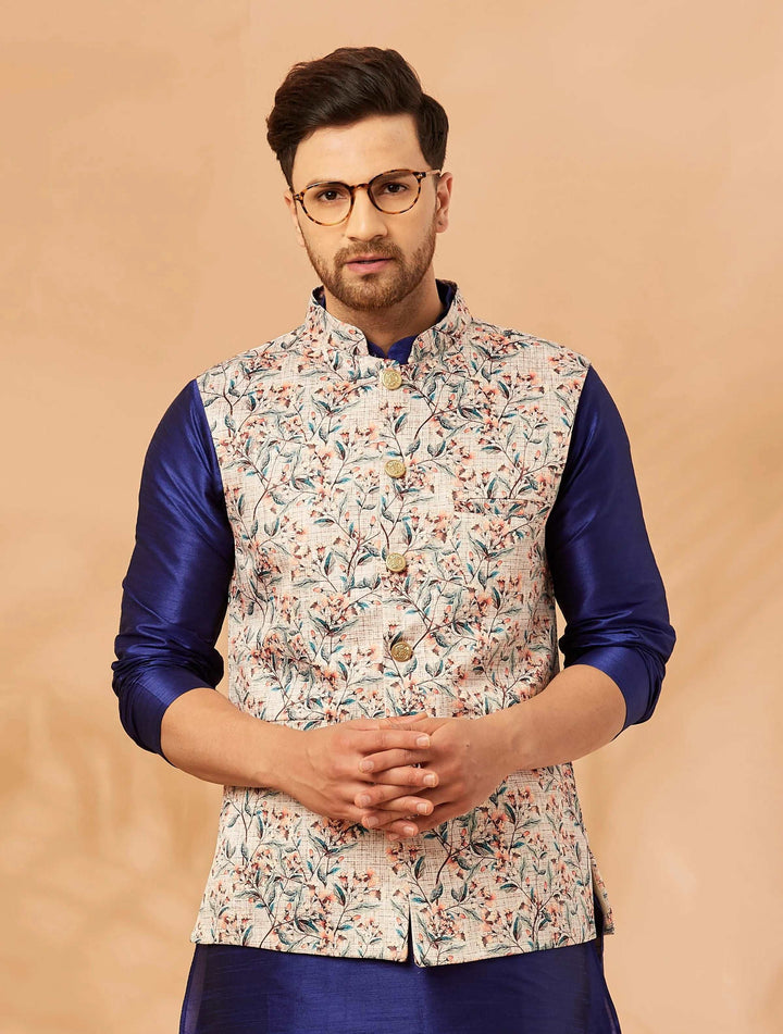 Blooms of Elegance Cream Flower Print Nehru Jacket for Men