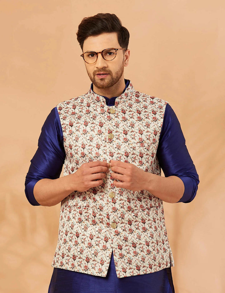 Harmony in Style Cream and Red Nehru Jacket for Men